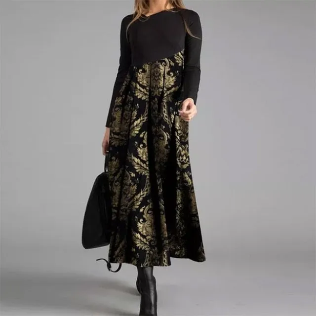 Women Elegant Cross V-Neck Print A-Line Dress Autumn Winter Vintage Long Sleeves Slim Party Dresses Female Casual Loose Vestidos