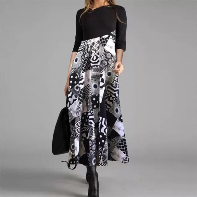 Women Elegant Cross V-Neck Print A-Line Dress Autumn Winter Vintage Long Sleeves Slim Party Dresses Female Casual Loose Vestidos