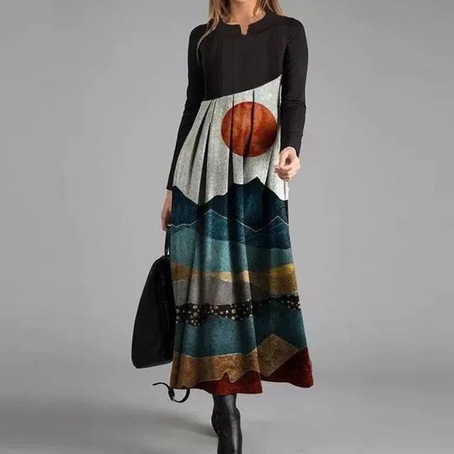 Women Elegant Cross V-Neck Print A-Line Dress Autumn Winter Vintage Long Sleeves Slim Party Dresses Female Casual Loose Vestidos