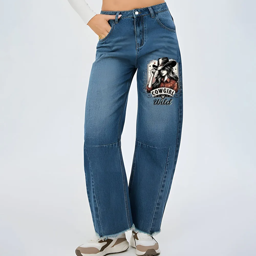 Women Just To Be A Cowgirl Graphic Baggy Straight Leg Jean