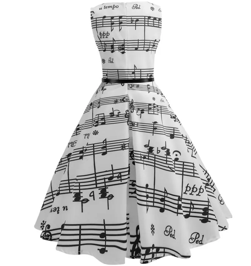 Women Music Note Print White Vintage Dresses