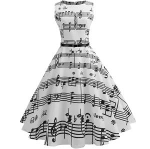 Women Music Note Print White Vintage Dresses
