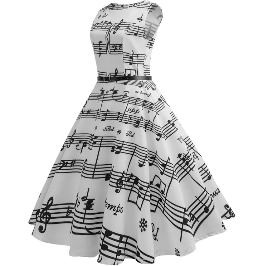 Women Music Note Print White Vintage Dresses