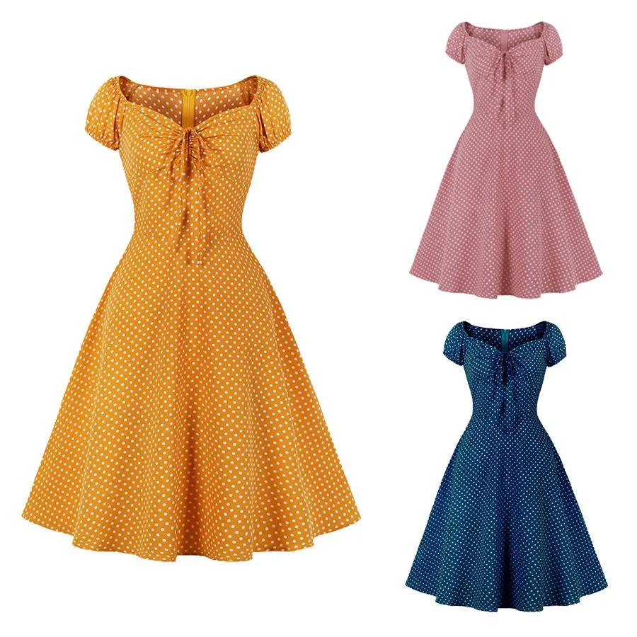 Women Short Sleeves Dot Print Vintage Dresses
