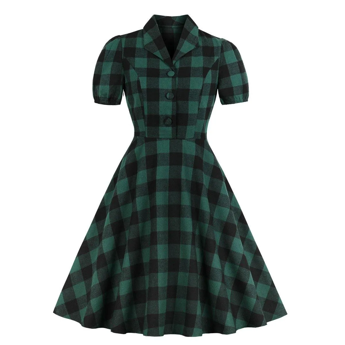 Women Short Sleeves Plaid Vintage Dresses
