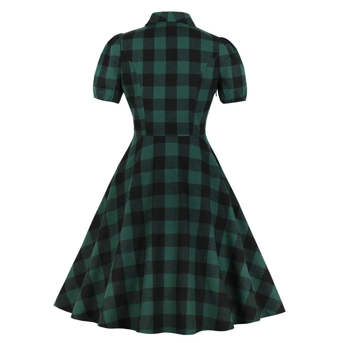 Women Short Sleeves Plaid Vintage Dresses