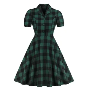 Women Short Sleeves Plaid Vintage Dresses