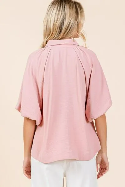Women's Button Down Pink Shirt with Bubble Sleeves for Everyday Elegance