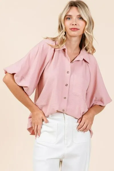 Women's Button Down Pink Shirt with Bubble Sleeves for Everyday Elegance