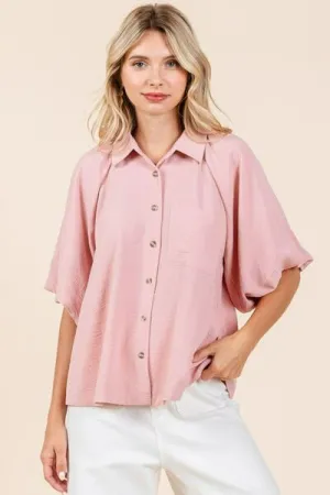 Women's Button Down Pink Shirt with Bubble Sleeves for Everyday Elegance