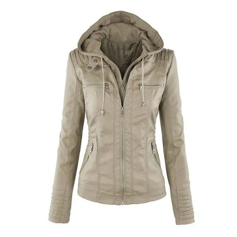 Womens Faux Twinset Detachable Hat Faux Leather Slim Jacket Hoodie Hooded Zip-up Pockets Outerwear Coats Q4326