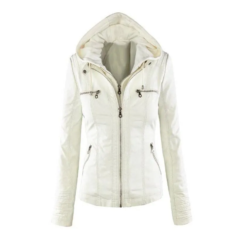 Womens Faux Twinset Detachable Hat Faux Leather Slim Jacket Hoodie Hooded Zip-up Pockets Outerwear Coats Q4326