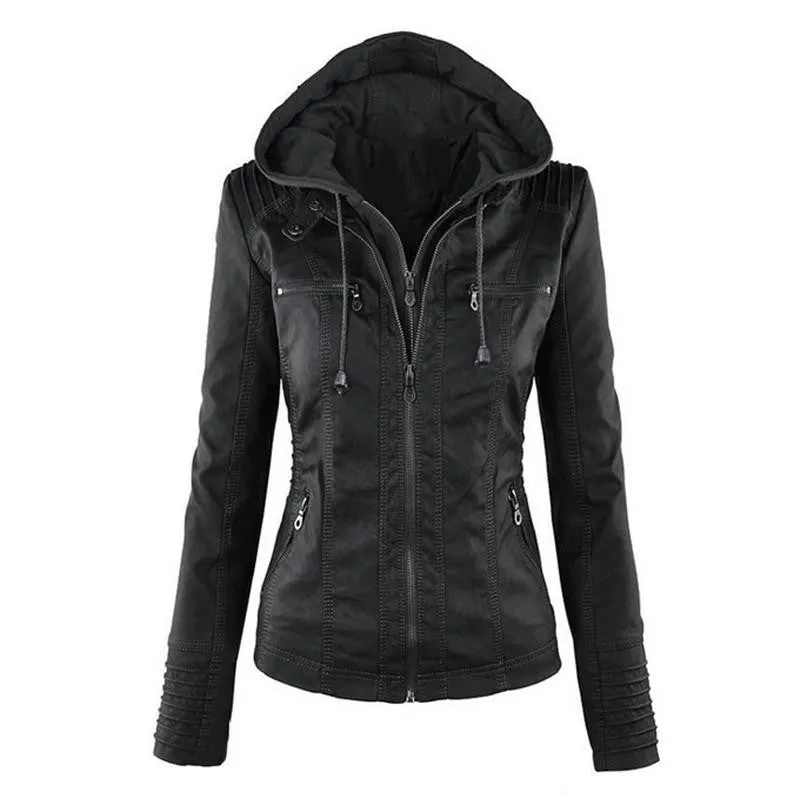 Womens Faux Twinset Detachable Hat Faux Leather Slim Jacket Hoodie Hooded Zip-up Pockets Outerwear Coats Q4326