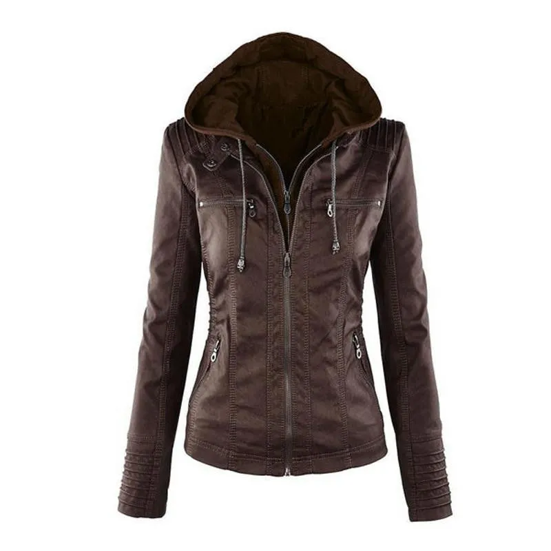 Womens Faux Twinset Detachable Hat Faux Leather Slim Jacket Hoodie Hooded Zip-up Pockets Outerwear Coats Q4326