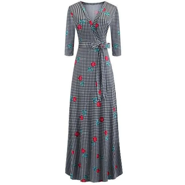 Women's Floral Print Long Dresses Sexy V Neck Pleated Retro Maxi Dresses