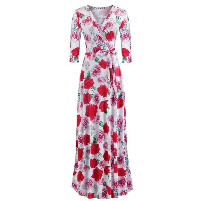 Women's Floral Print Long Dresses Sexy V Neck Pleated Retro Maxi Dresses