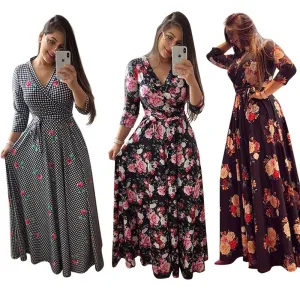 Women's Floral Print Long Dresses Sexy V Neck Pleated Retro Maxi Dresses
