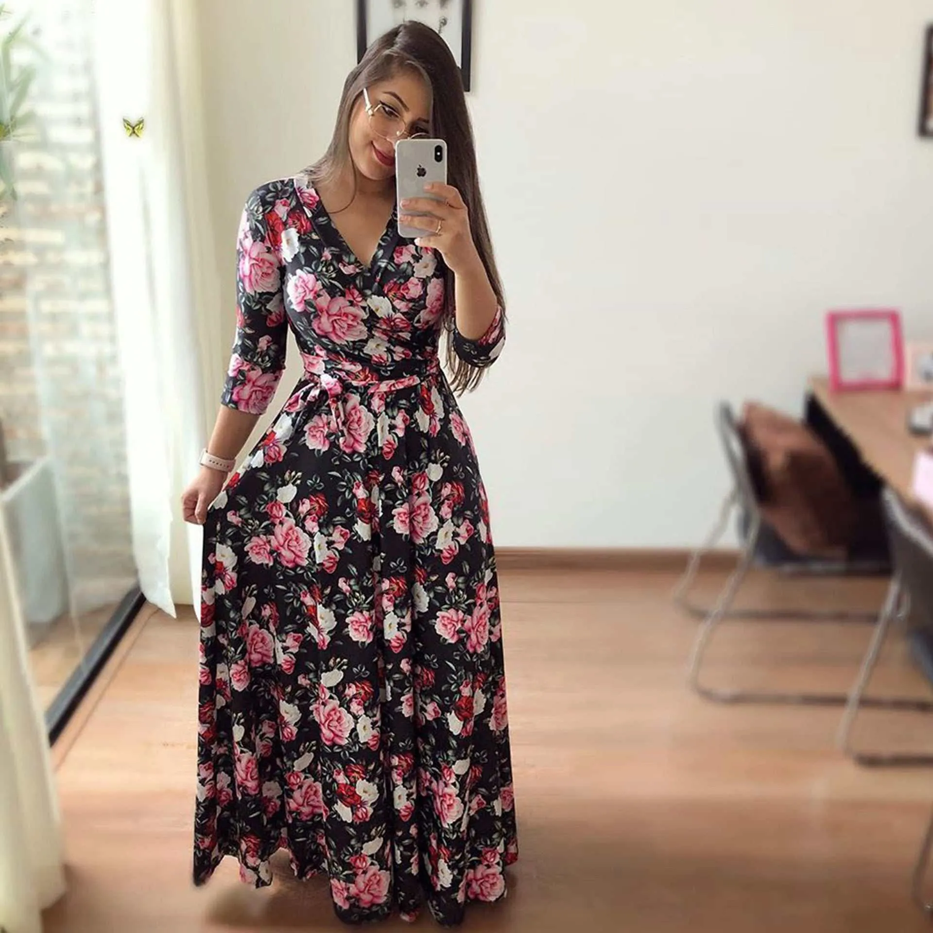 Women's Floral Print Long Dresses Sexy V Neck Pleated Retro Maxi Dresses