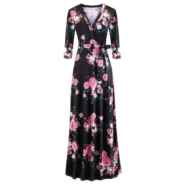 Women's Floral Print Long Dresses Sexy V Neck Pleated Retro Maxi Dresses