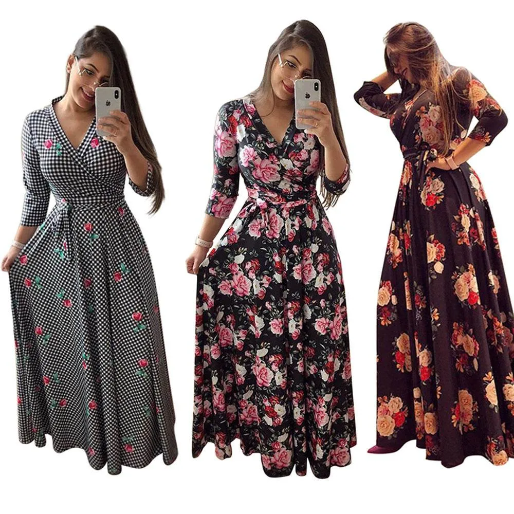 Women's Floral Print Long Dresses Sexy V Neck Pleated Retro Maxi Dresses