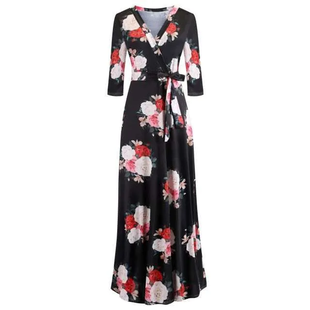 Women's Floral Print Long Dresses Sexy V Neck Pleated Retro Maxi Dresses