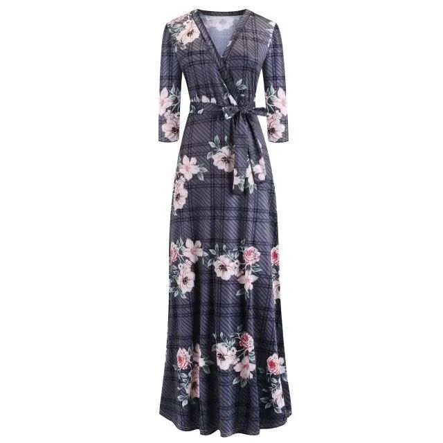 Women's Floral Print Long Dresses Sexy V Neck Pleated Retro Maxi Dresses