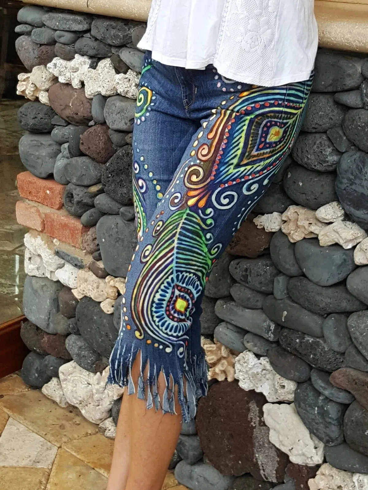 Women's Jeans Cropped 2024 Trend Skinny Pant Woman High Waist Boho Peacock Feather Pattern Denim Fringed Stretch Crop Pants