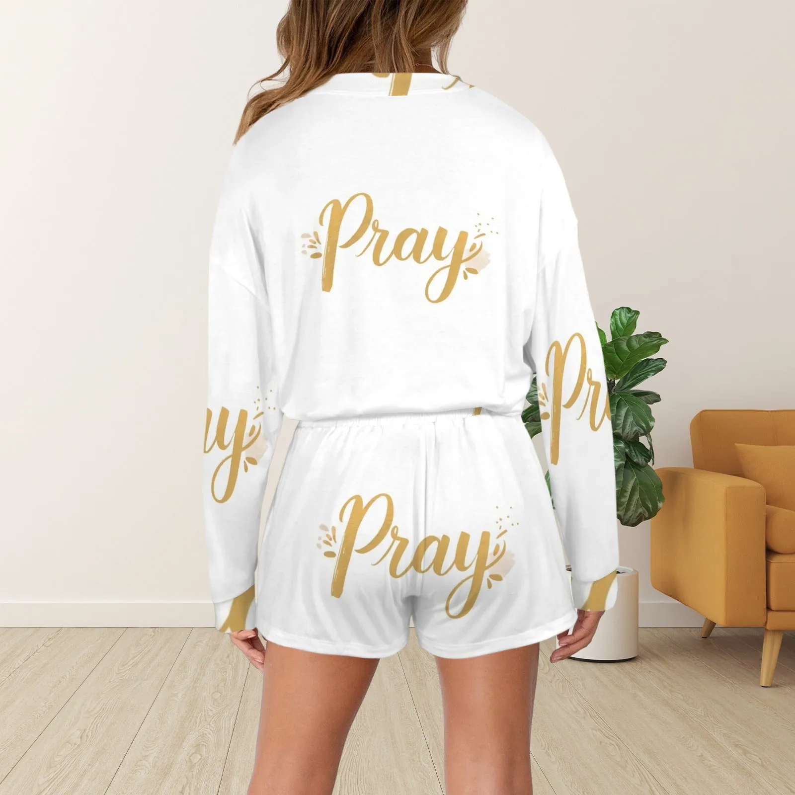 Women's Long Sleeve&Tether Shorts Pocket Pajama Sets