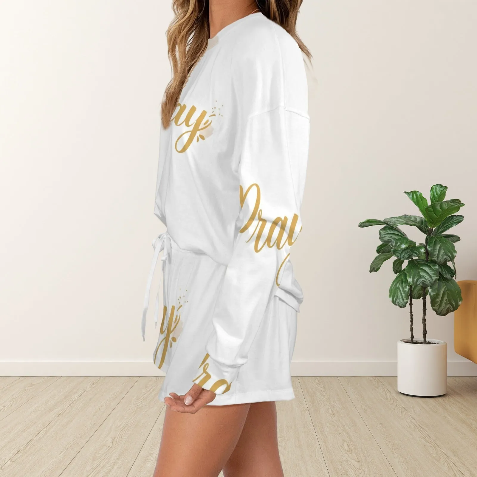 Women's Long Sleeve&Tether Shorts Pocket Pajama Sets