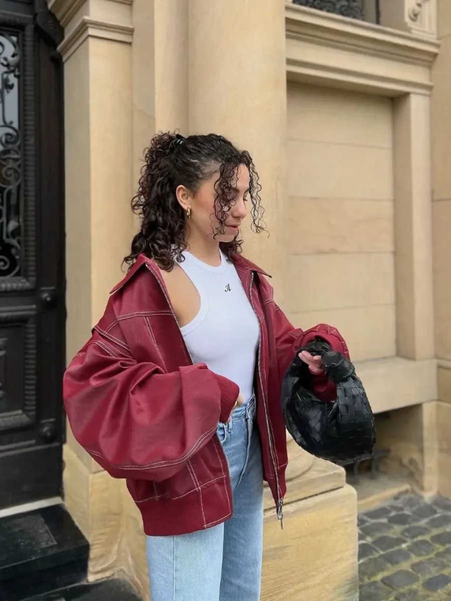 Women's Vintage Contrast Stitch Leather Coat