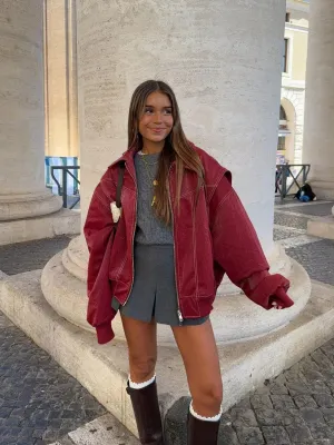 Women's Vintage Contrast Stitch Leather Coat