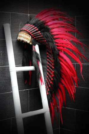 Y09 Medium Red Indian Feather Headdress / Native American Style Warbonnet (36 inch long )