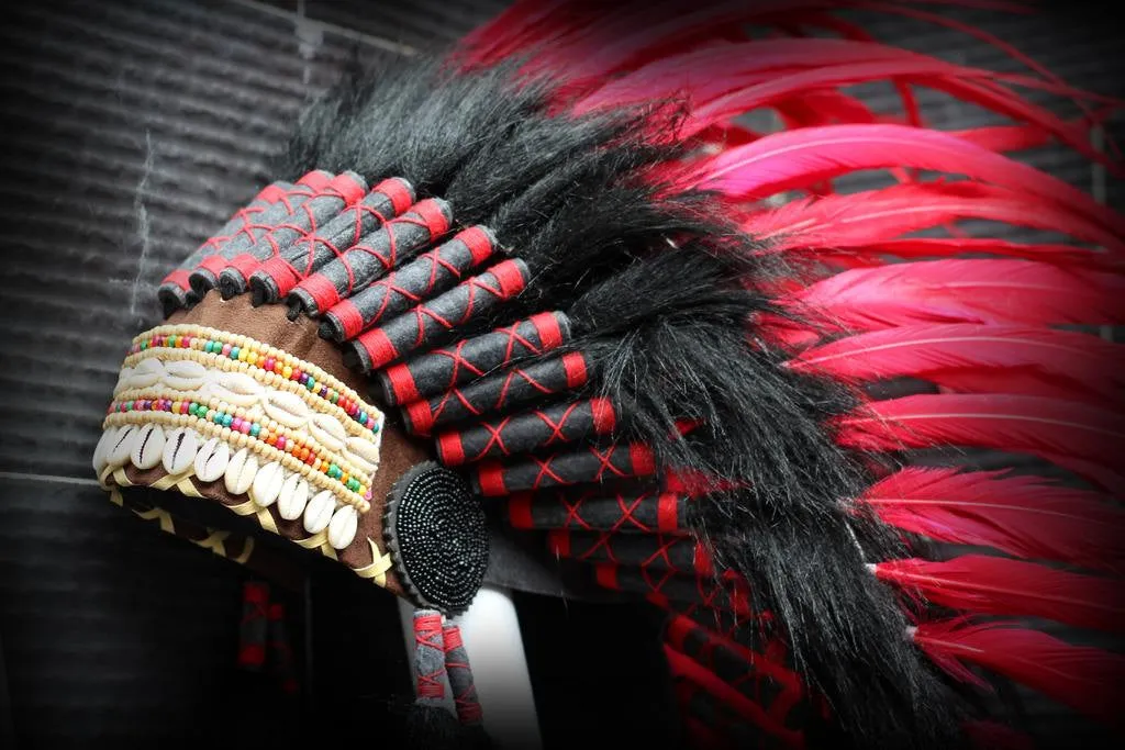 Y09 Medium Red Indian Feather Headdress / Native American Style Warbonnet (36 inch long )
