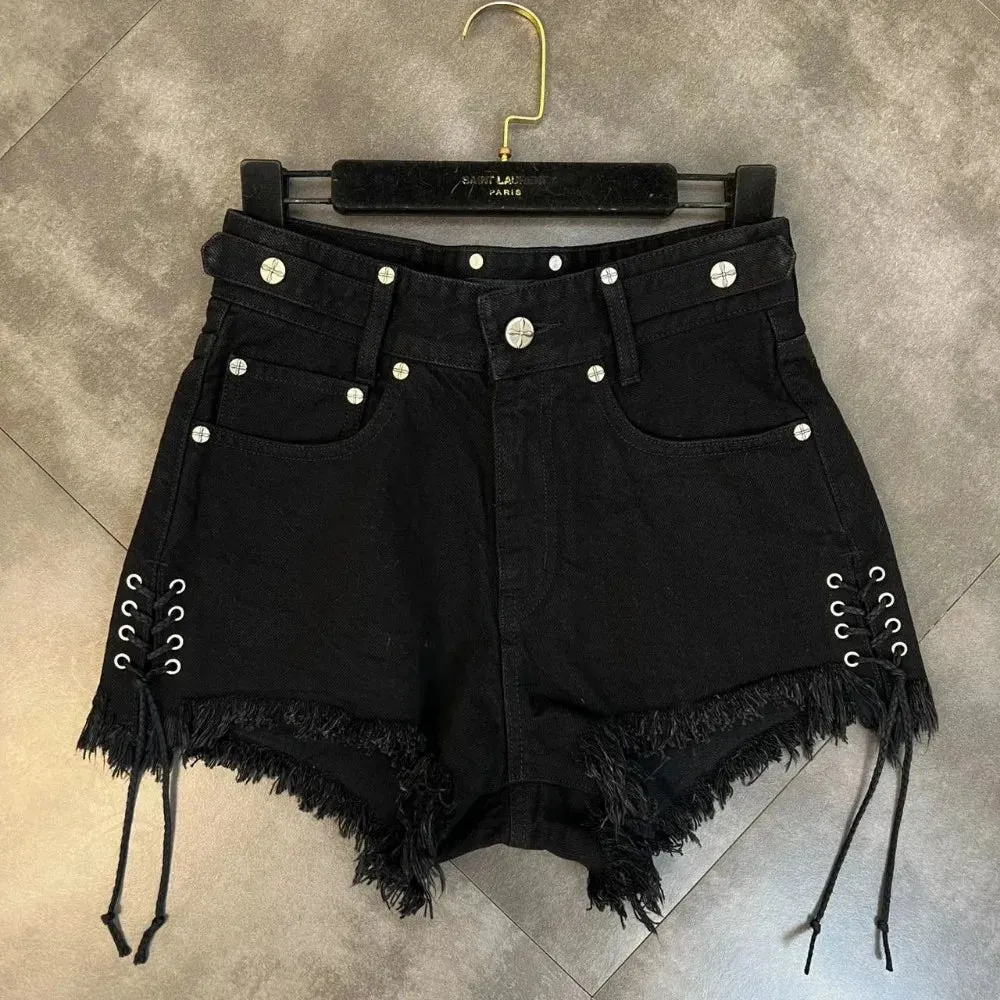 Y2K Lace Up Side Patch Denim Shorts