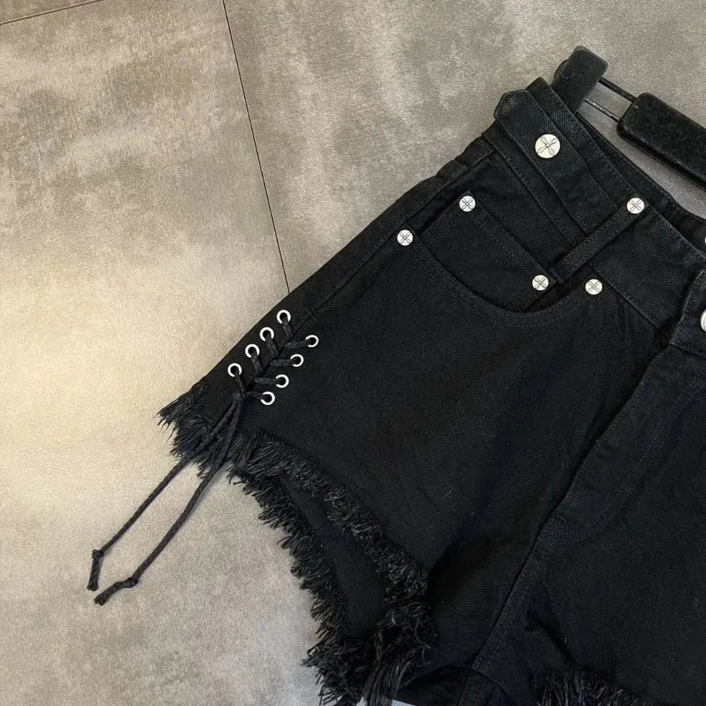 Y2K Lace Up Side Patch Denim Shorts
