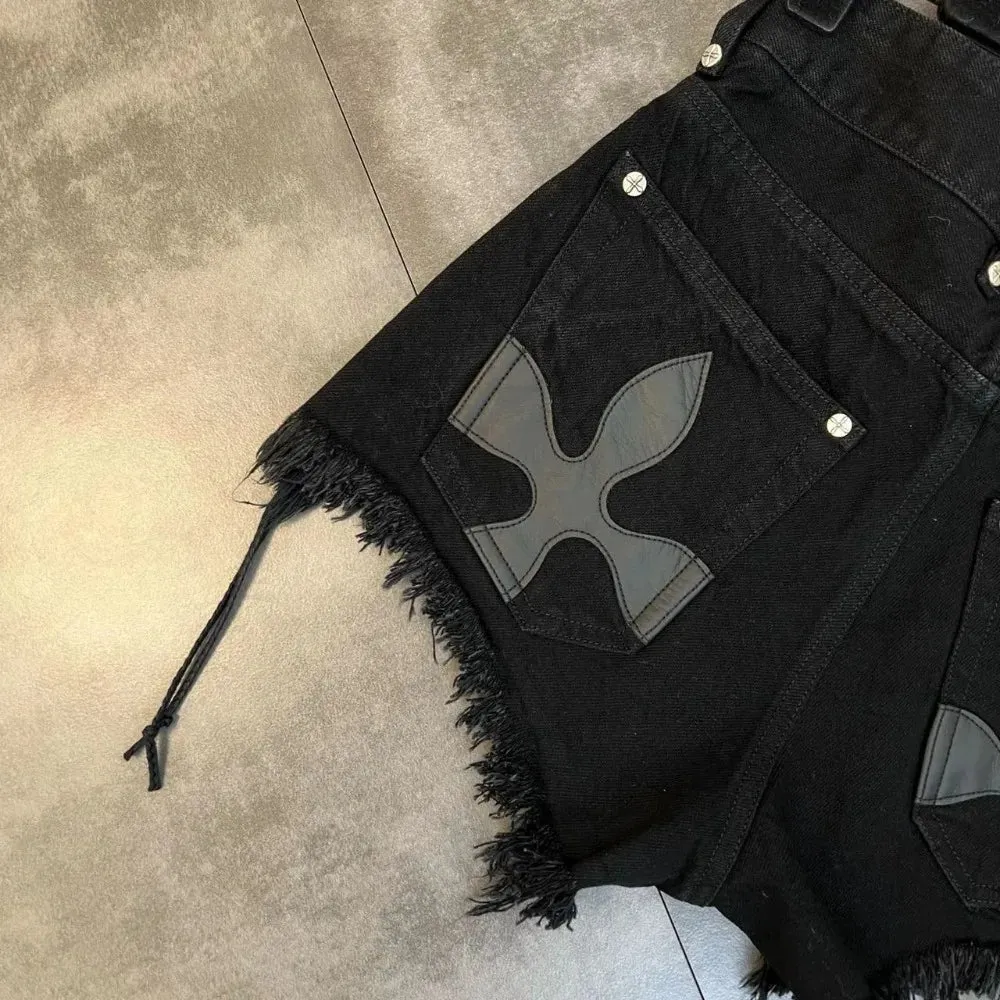 Y2K Lace Up Side Patch Denim Shorts