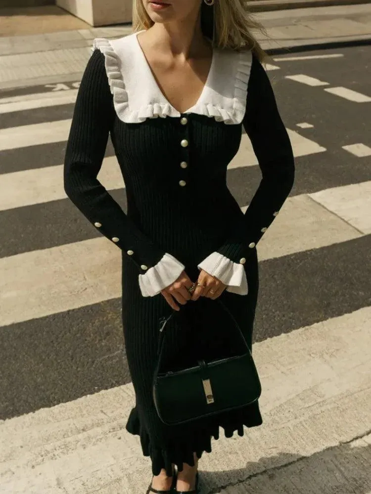 Y2K Peter Pan Collar Ribbed Midi Dress