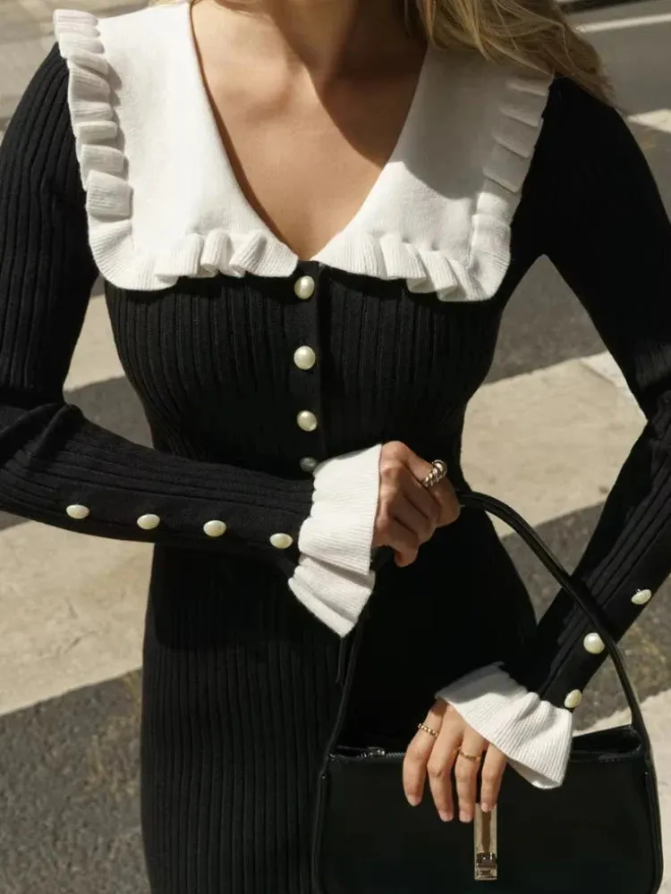 Y2K Peter Pan Collar Ribbed Midi Dress