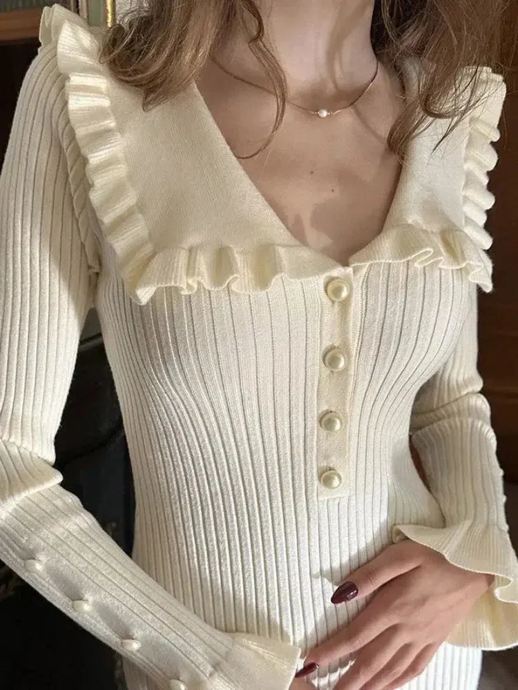 Y2K Peter Pan Collar Ribbed Midi Dress