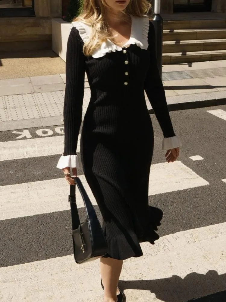 Y2K Peter Pan Collar Ribbed Midi Dress