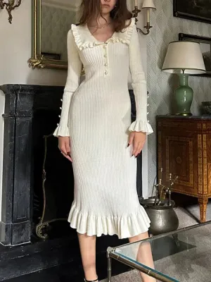 Y2K Peter Pan Collar Ribbed Midi Dress
