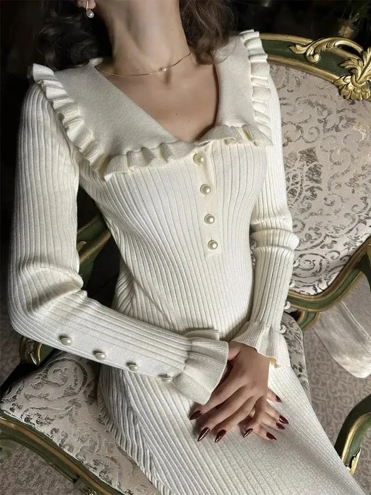 Y2K Peter Pan Collar Ribbed Midi Dress